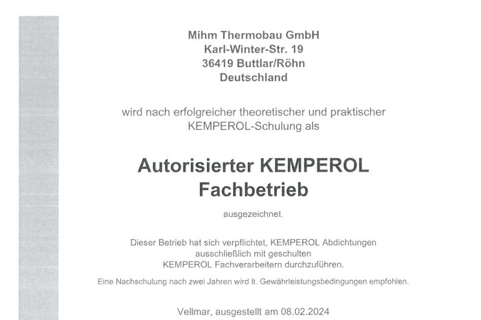 Urkunde "Autorisierter Kemperol Fachbetrieb"